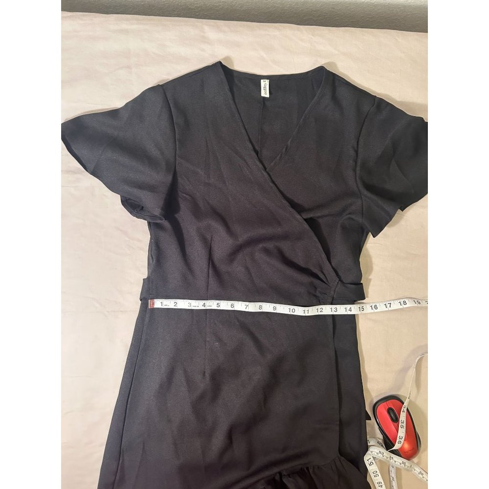 Women's Black Wrap Midi Dress with Ruffle Hem - Picture 7 of 12